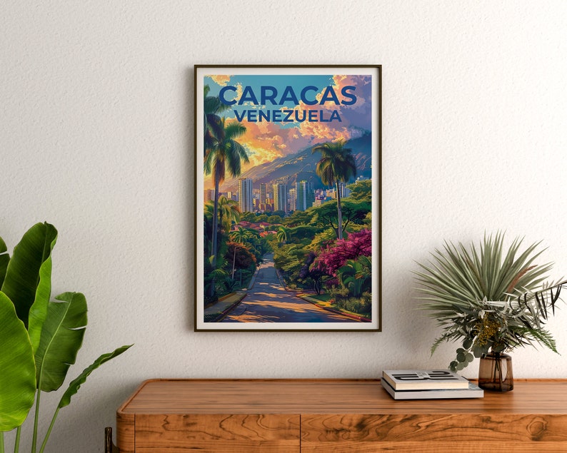 May include: A vintage travel poster with a colorful illustration of a city street lined with palm trees and lush greenery. The poster features the text "CARACAS VENEZUELA" in a bold, blue font.