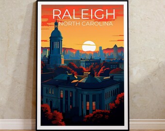 Pode incluir: Uma ilustração colorida do horizonte de Raleigh, Carolina do Norte, ao pôr do sol. A imagem apresenta um edifício alto com uma cúpula, uma cidade e um grande sol no céu.