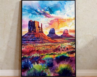 Monument Valley Watercolor Poster, Desert Wall Art, Southwest Travel Decor