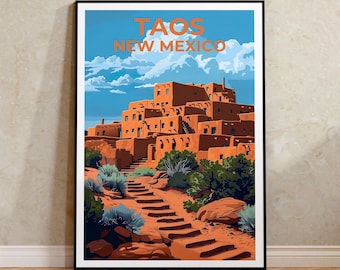 Taos Pueblo New Mexico Travel Poster, Adobe Architecture Wall Art, Southwest Desert Landscape Print