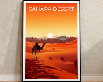Sahara Wüsten Reiseplakat, Afrika Wandkunst, Afrika Druck, Sahara Wüstenplakat, Kamelplakat, Afrika Plakat, Wüstenplakat
