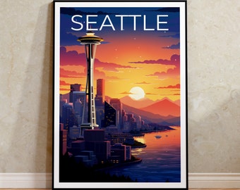 May include: A colorful illustration of the Seattle skyline at sunset, featuring the Space Needle and a bright orange sun. The text "SEATTLE" is displayed at the top of the image.