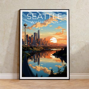 Póster de viaje de Seattle, arte mural del estado de Washington, impresión del estado de Washington, póster de Seattle, póster de Space Needle, póster de ciudad, arte de Seattle