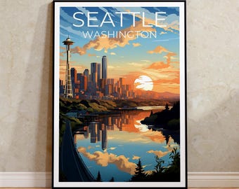 May include: A vintage travel poster featuring a colorful illustration of the Seattle skyline at sunset, with the Space Needle and the Puget Sound. The text "Seattle, Washington" is displayed at the top of the poster.