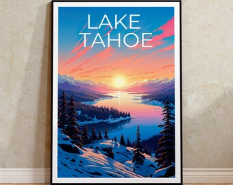 May include: A vintage-style poster with the text "LAKE TAHOE" in white against a blue sky with pink clouds. The poster depicts a scenic view of Lake Tahoe with snow-capped mountains in the background and a sunset over the water.