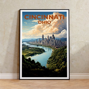 Póster de viaje de Cincinnati, arte mural de Ohio, impresión de Ohio, póster de Cincinnati, póster de Cincinnati, póster de la ciudad, arte de Cincinnati