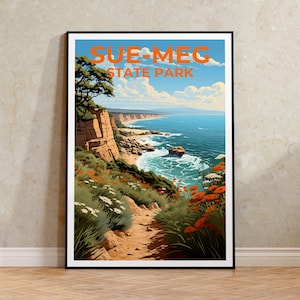 Póster de viaje del Parque Estatal Sue-meg, Arte mural de California, Impresión de California, Póster de Sue-meg, Póster de California, Póster de naturaleza, Arte de Sue-meg