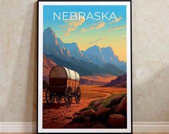 Impressão de viagem de Nebraska, pôster das Grandes Planícies, arte de parede de carroça, ilustração do Centro-Oeste, pôster de Nebraska, decoração de casa