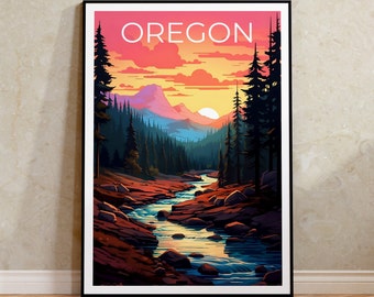 May include: A vintage-style travel poster featuring a scenic landscape of a river flowing through a forest with mountains in the background. The sky is a vibrant pink and orange with a setting sun. The text "OREGON" is printed in white at the top of the poster.