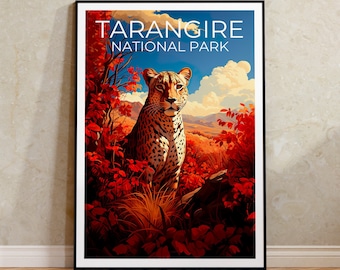May include: A vintage travel poster featuring a leopard in a lush, red-leafed forest. The poster reads "Tarangire National Park" in white text.