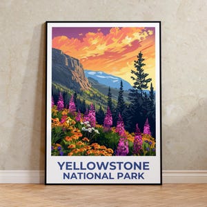 Yellowstone National Park Poster, Wyoming Reisedruck, Blumen Kunst, Berg Illustration, Landschaftsposter, Wohnkultur, Geburtstagsgeschenk