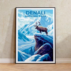Stampa di viaggio Denali Alaska Poster Arte murale di montagna Illustrazione di neve Paesaggio invernale Poster Decorazione per la casa Regalo di compleanno