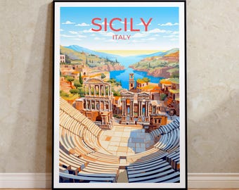 May include: A vintage travel poster featuring a colorful illustration of an ancient amphitheater in Sicily, Italy. The poster has the text "SICILY ITALY" in red and white.