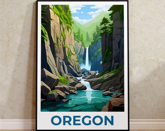 May include: A poster with a scenic illustration of a waterfall cascading down a rocky canyon in a lush green forest. The text "OREGON" is printed in blue at the bottom of the poster.