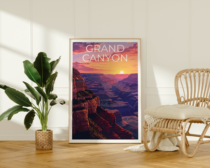 May include: A framed poster with a sunset view of the Grand Canyon. The poster has the text "GRAND CANYON" in white letters.