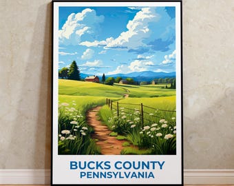 Resetryck från Bucks County, affisch i Pennsylvania, lantlig väggkonst, illustration av landsbygden, affisch i Bucks County, heminredning, födelsedagspresent