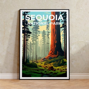 Póster de viaje de sequoia, arte mural de California, impresión de California, póster de sequoia, póster de árbol de sequoia, póster de naturaleza, arte de sequoia