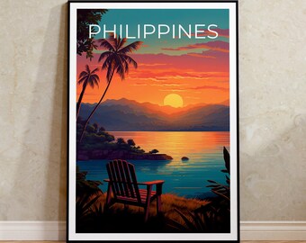 Peut inclure: Une affiche encadrée représentant un coucher de soleil sur une étendue d'eau. L'affiche présente une silhouette de chaise sur la plage, des palmiers et le texte "PHILIPPINES".