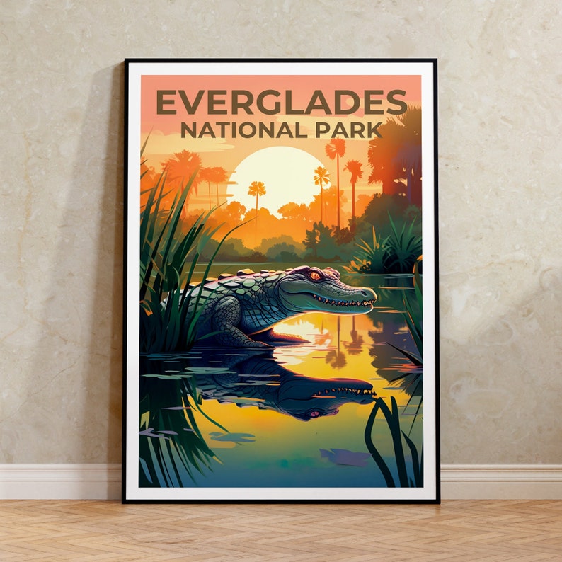 May include: A vintage-style poster with a sunset scene featuring an alligator in the Everglades National Park. The poster has the text "Everglades National Park" in brown letters.