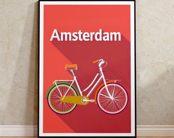 Póster de Ámsterdam, lámina de viaje a los Países Bajos, arte ciclista, ilustración de Holanda, póster de Europa, arte mural en tonos pastel, decoración del hogar, regalo de cumpleaños