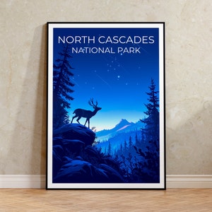 North Cascades National Park Poster, Washington Print, Washington Kunst, Hirsch Poster, Kaskaden Reiseplakat, Waldplakat, Reiseplakat