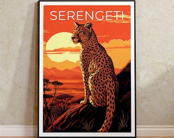 May include: A vintage travel poster featuring a cheetah sitting on a rock against a sunset backdrop. The poster has the text "SERENGETI" in white letters at the top.