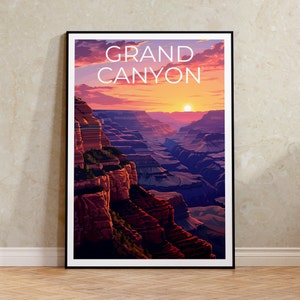 May include: A colorful poster with a sunset view of the Grand Canyon. The text "GRAND CANYON" is printed in white at the top of the poster.