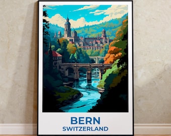 Bern Switzerland Travel Poster: Swiss Alps Forest Art Print