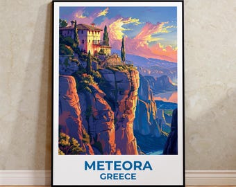 Meteora Travel Print, Greece Poster, Monastery Wall Art, Cliffside Illustration, Meteora Poster, Home Decor, Birthday Gift