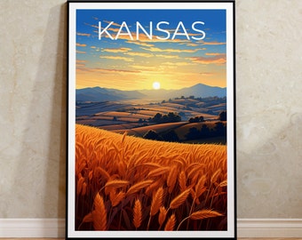Puede incluir: Un cartel de viaje vintage con una puesta de sol sobre un campo de trigo. El cartel tiene la palabra "KANSAS" en letras blancas y negritas en la parte superior.