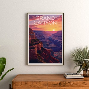 May include: A vintage-style poster with a sunset view of the Grand Canyon. The poster has the text "Grand Canyon" in white letters on a red background.