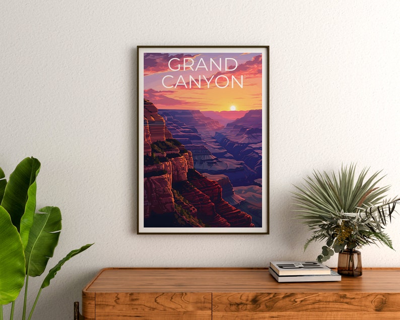 May include: A vintage-style poster with a sunset view of the Grand Canyon. The poster has the text "Grand Canyon" in white letters on a red background.