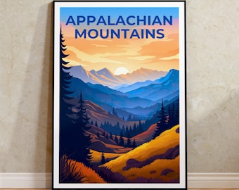 Pode incluir: Um design de pôster de viagem vintage com uma vista panorâmica das montanhas Apalaches ao pôr do sol. O pôster tem o texto "Appalachian Mountains" em letras azuis.
