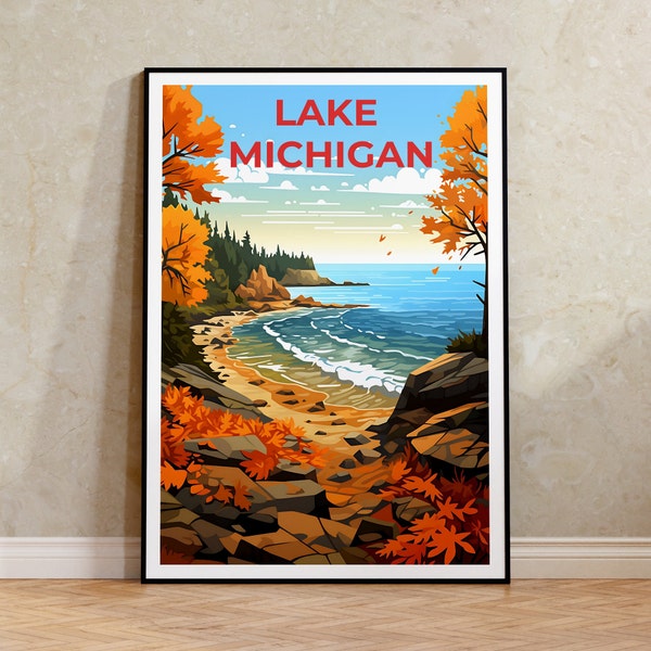 Cartel de viaje del lago Michigan, arte de la pared de los Grandes Lagos, impresión de los Grandes Lagos, cartel del lago, cartel de la naturaleza