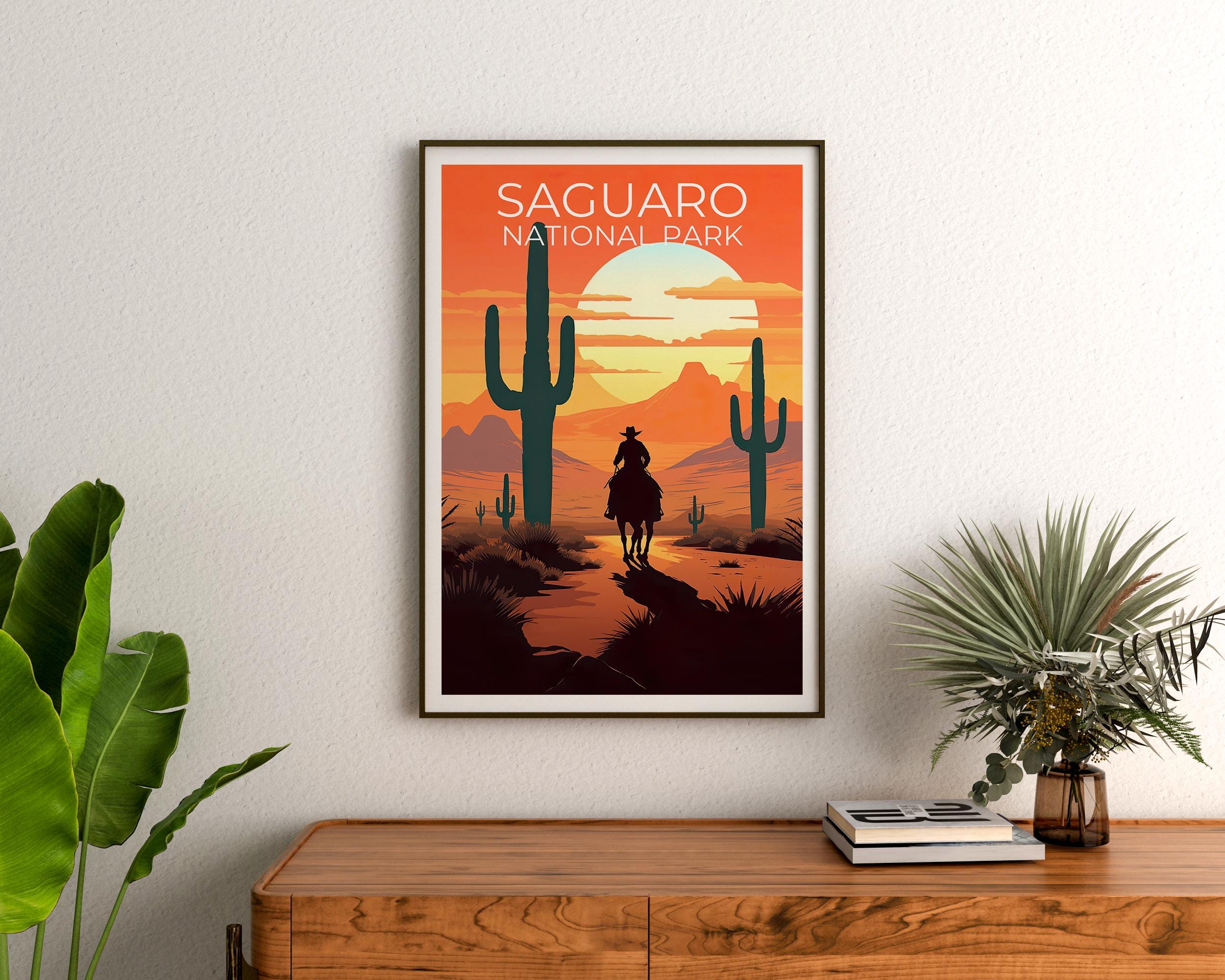 サワロ国立公園の旅行プリント、アリゾナのポスター、カウボーイアート