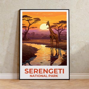 Póster de viaje de Serengeti, arte mural de Tanzania, impresión de Tanzania, póster de Serengeti, póster de jirafa, póster de ciudad, póster de safari