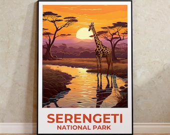 May include: A vintage-style poster with an illustration of a giraffe standing in a river at sunset. The poster has the text "SERENGETI NATIONAL PARK" at the bottom.
