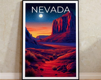 May include: A vintage travel poster featuring a scenic landscape of red rock formations under a starry night sky with a full moon. The text "NEVADA" is printed in white at the top of the poster.