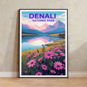Denali Travel Poster, Alaska Wall Art, Alaska Print, Denali Poster, Flower Poster, Nature Poster, Denali Art