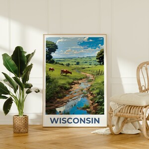 May include: A framed art print featuring a scenic landscape of Wisconsin. The artwork depicts a stream flowing through a green pasture with cows grazing. The sky is blue with fluffy clouds. The word "WISCONSIN" is printed in blue at the bottom.