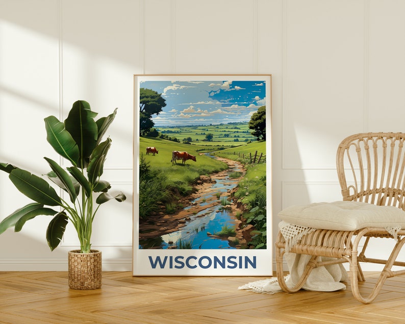 May include: A framed art print featuring a scenic landscape of Wisconsin. The artwork depicts a stream flowing through a green pasture with cows grazing. The sky is blue with fluffy clouds. The word "WISCONSIN" is printed in blue at the bottom.