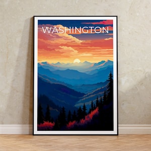Póster de viaje de Washington, arte mural de montaña, impresión de montaña, póster de Washington, póster del estado de Washington, impresión del estado de Washington