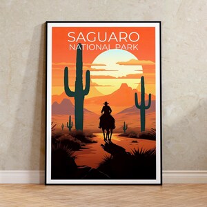 Stampa di viaggio del Parco Nazionale del Saguaro, poster dell'Arizona, arte da cowboy, illustrazione di cactus, arte murale panoramica, arredamento per la casa, regalo di compleanno