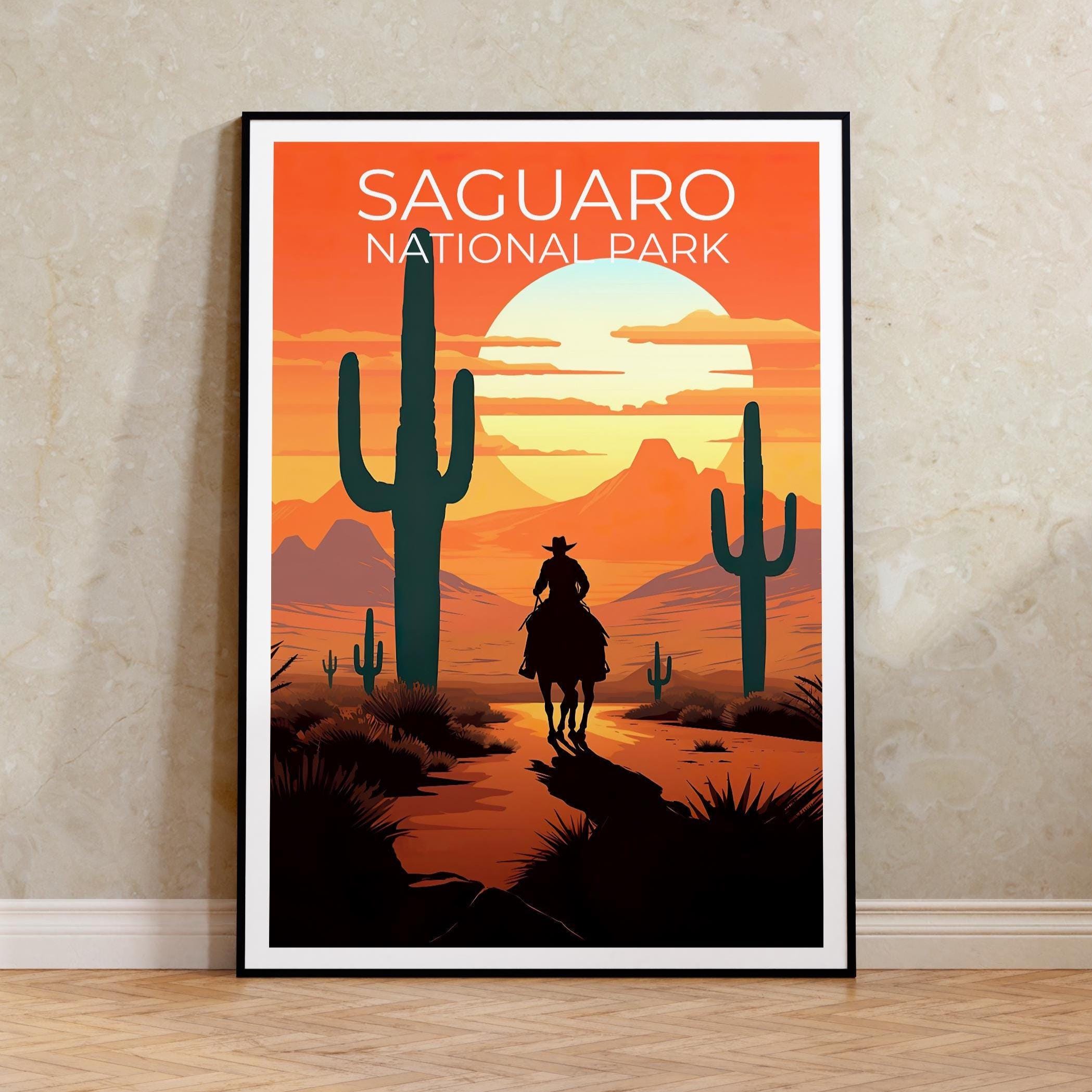 サワロ国立公園の旅行プリント、アリゾナのポスター、カウボーイアート