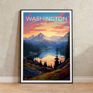 Póster de viaje de Washington, arte mural de montaña, impresión de montaña, póster de Washington, póster del estado de Washington, impresión del estado de Washington