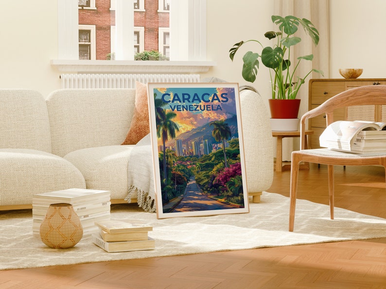 May include: A vintage travel poster with a retro design featuring a cityscape of Caracas, Venezuela. The poster has a blue, green, and orange color scheme and depicts a road leading through a lush, tropical forest.