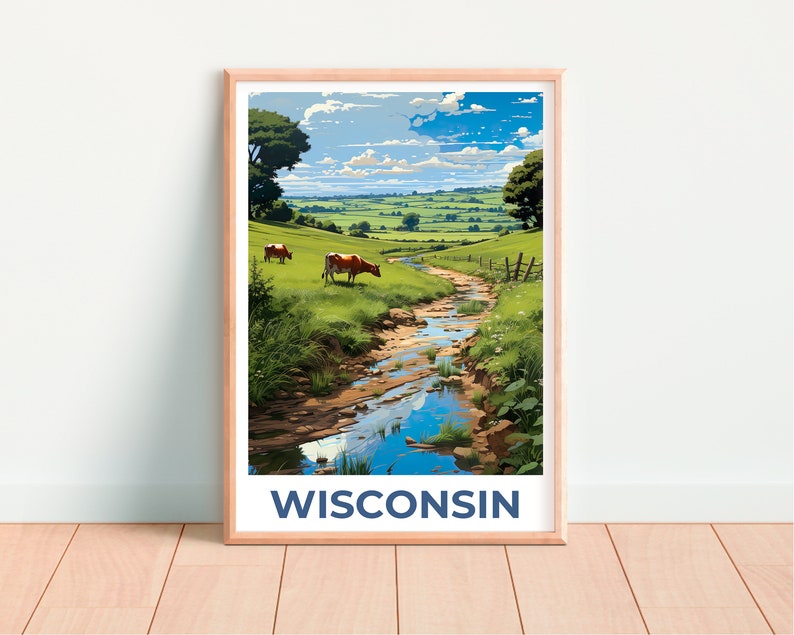 May include: A framed art print featuring a pastoral scene of Wisconsin. The artwork depicts a stream flowing through a green field with grazing cows under a blue sky. The word "WISCONSIN" is printed in navy blue at the bottom of the print.