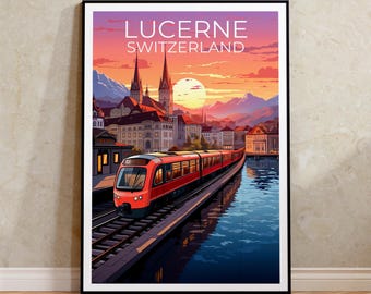 Lucerne Switzerland Travel Poster: Swiss Alps Train Art Print