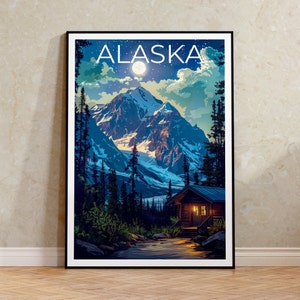 Alaska Poster, Alaska Druck, Berg Poster, Wald Druck, Alaska Reise Poster, Blockhaus Poster, Alaska Kunst