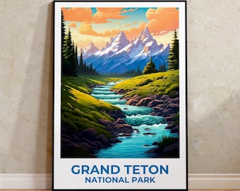 Wyoming Travel Print Grand Teton Poster Mountain Wall Art Forest Illustration Wyoming Poster Home Decor Birthday Gift